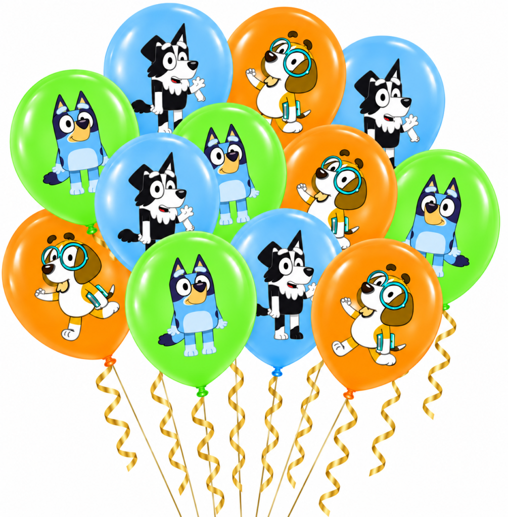 Balony lateksowe Bluey i Bingo 12szt. zestaw pieski Chilli Bandit