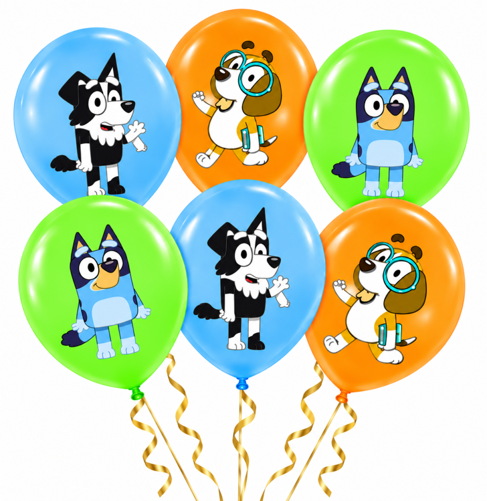 Balony lateksowe Bluey i Bingo 6szt. zestaw pieski Chilli Bandit
