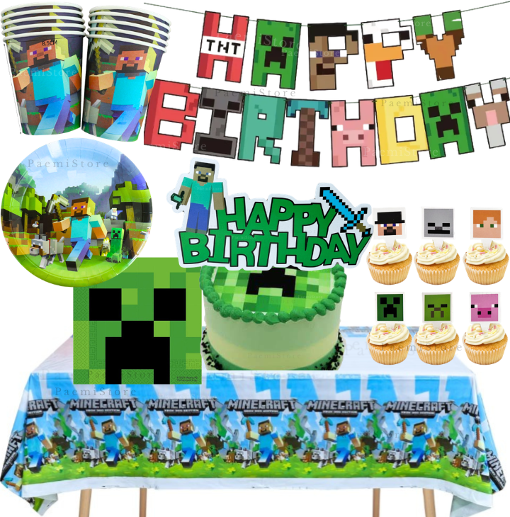 Zestaw urodzinowy Minecraft 49el. kubki talerzyki serwetki girlanda obrus pikery topper na tort urodziny