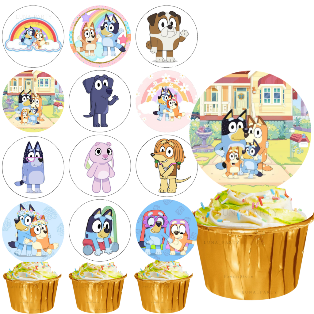 Opłatek na tort muffinki Bluey i Bingo 12el.