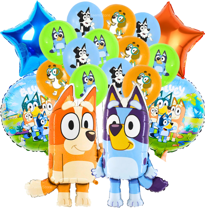 Balony foliowe lateksowe Bluey i Bingo zestaw 24szt. pieski Chilli Bandit