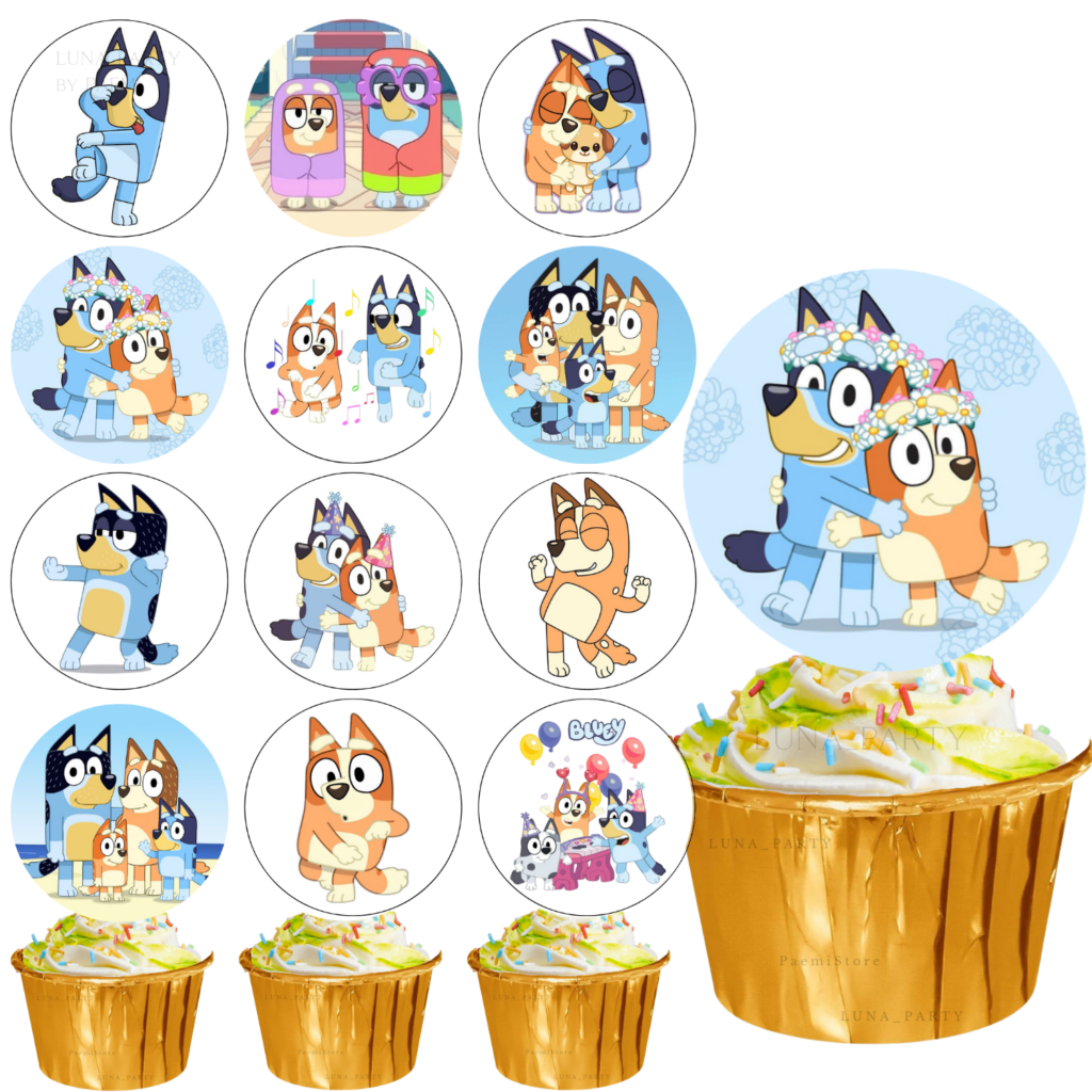 Opłatek na tort muffinki Bluey i Bingo 12el.