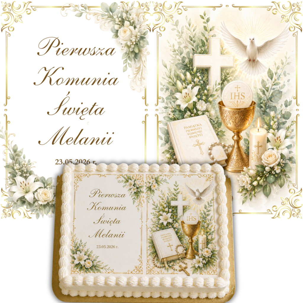 Opłatek na tort Pierwsza Komunia Święta Imię data prostokątny personalizowany