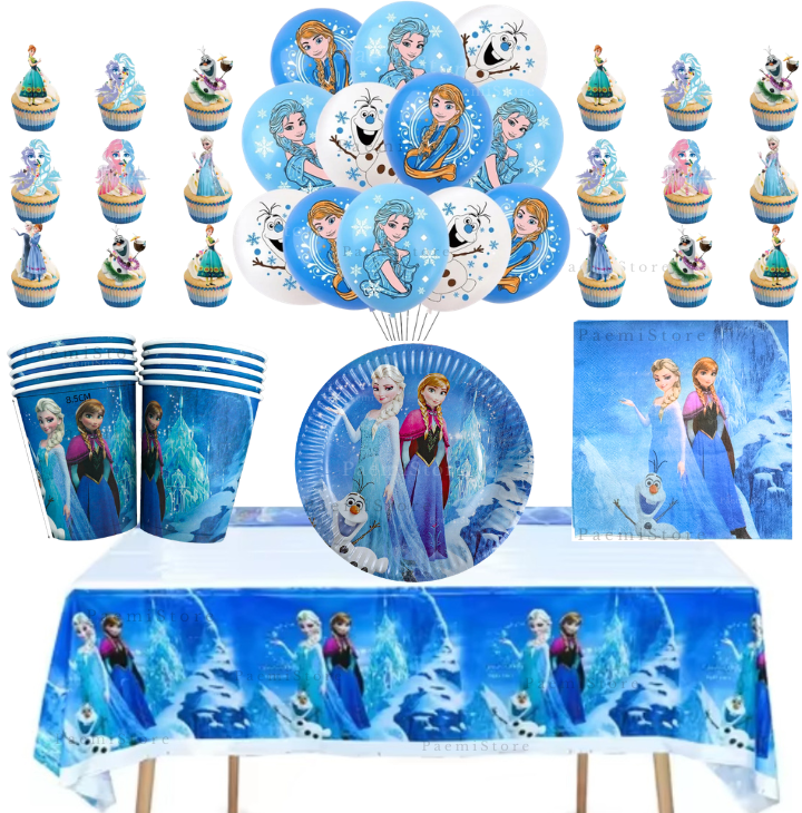 Zestaw urodzinowy Kraina Lodu Frozen Elsa Olaf 77el. kubki talerzyki serwetki balony toppery obrus