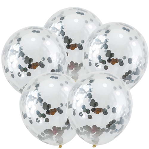 Balon lateksowe konfetti srebrne 5szt. gumowe 25cm