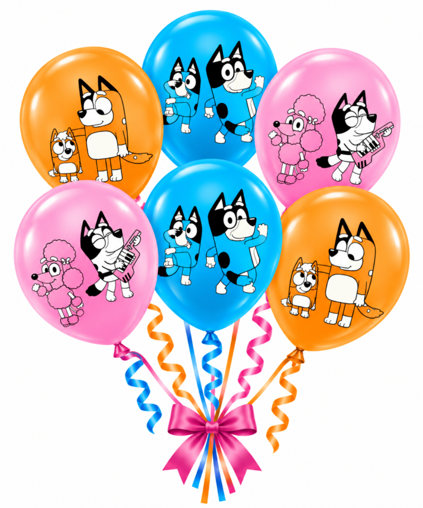 Balony lateksowe Bluey i Bingo 6szt. zestaw pieski Chilli Bandit