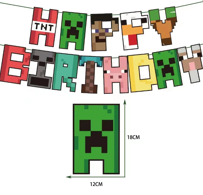 Girlanda Minecraft napis baner „Happy Birthday” urodziny Steve Creeper pixel game