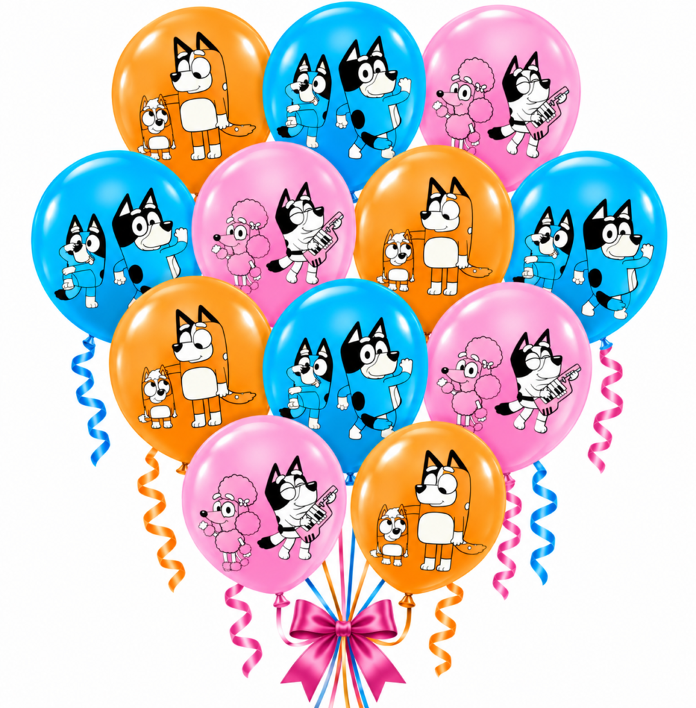 Balony lateksowe Bluey i Bingo 12szt. zestaw pieski Chilli Bandit