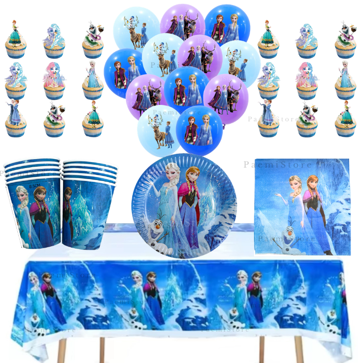 Zestaw urodzinowy Kraina Lodu Frozen Elsa Olaf 77el. kubki talerzyki serwetki balony toppery obrus