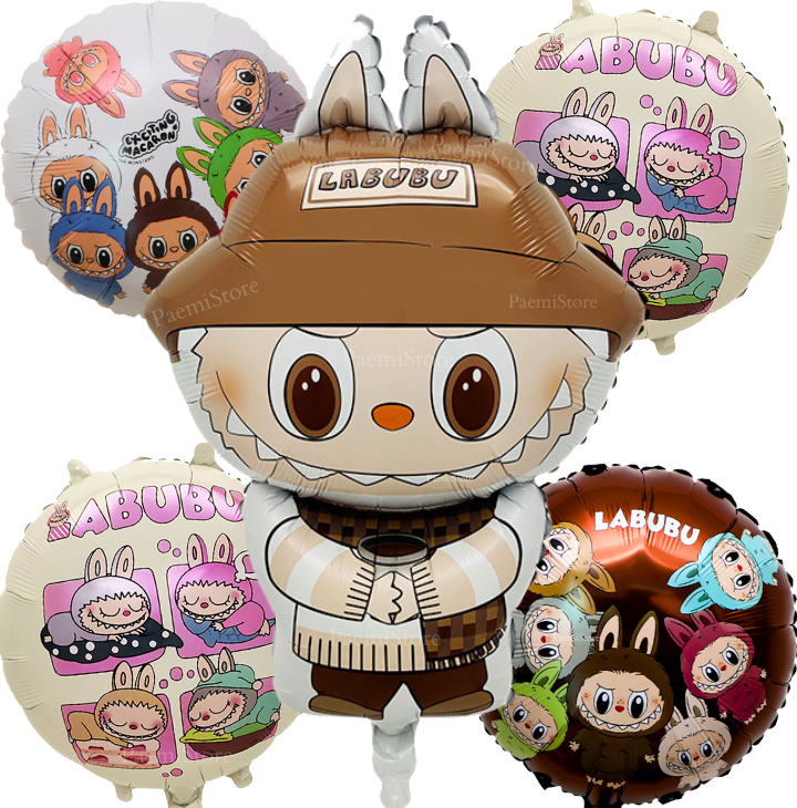 Balony foliowe Labubu beżowy 5szt. monster urodziny dekoracja