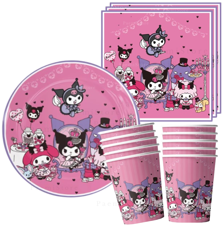 Kubki talerzyki serwetki Kuromi 40el. Sanrio urodziny dekoracja
