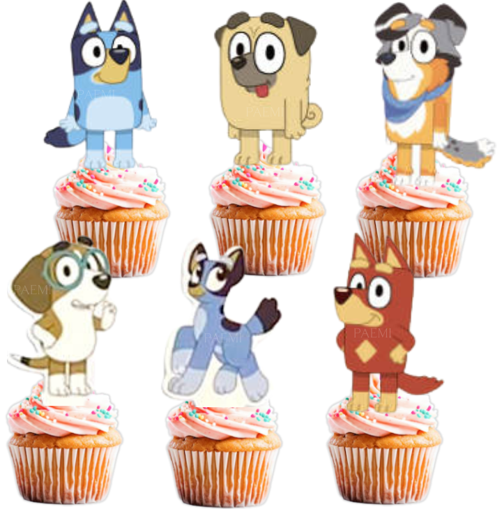 Toppery pikery na tort babeczki muffinki Bluey i Bingo 6szt. zestaw pieski