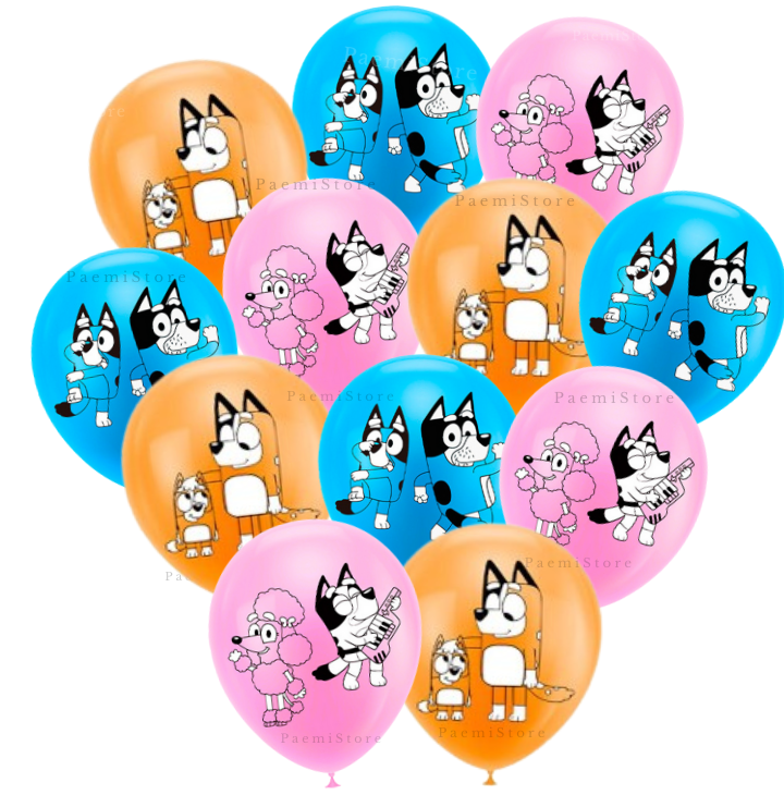 Balony lateksowe Bluey i Bingo 12szt. zestaw pieski Chilli Bandit