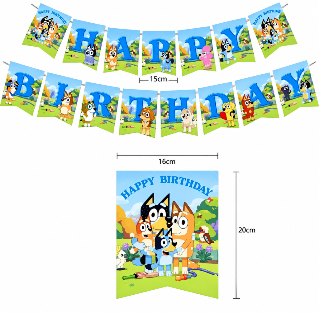 Girlanda Bluey i Bingo pieski napis baner „Happy Birthday” urodziny dekoracja