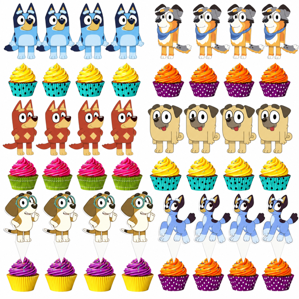 Toppery pikery na tort babeczki muffinki Bluey i Bingo 24szt. zestaw pieski