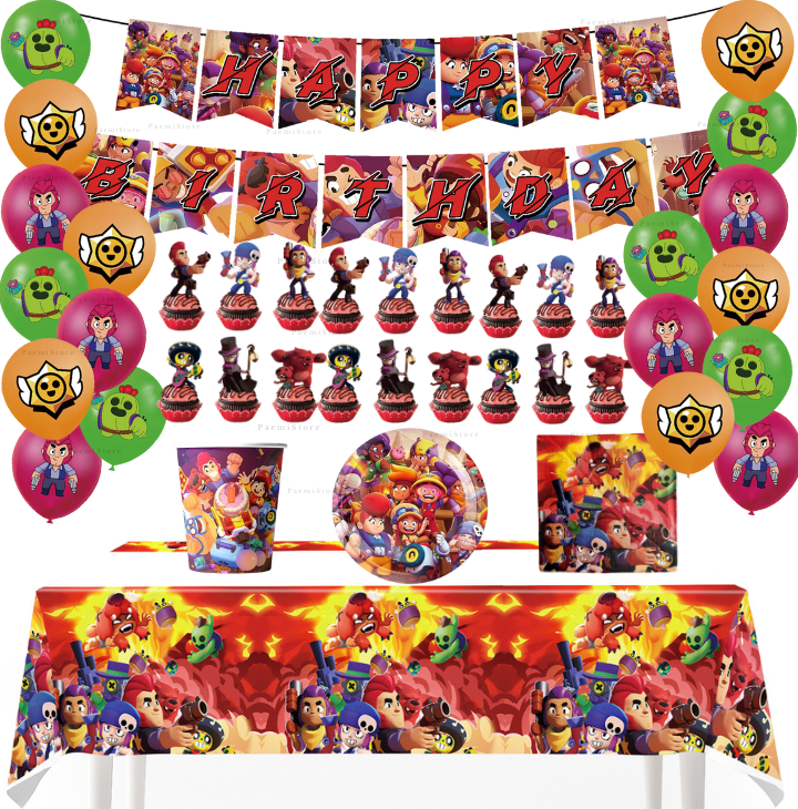 Zestaw urodzinowy Brawl Stars 84el. kubki talerzyki serwetki girlanda balony toppery obrus