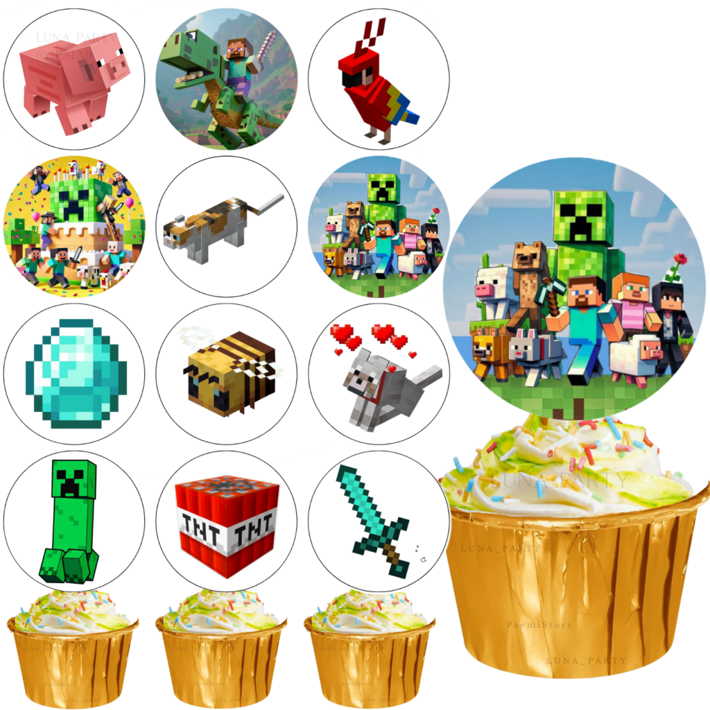 Opłatek na tort muffinki Minecraft 12el. pixel game Steve Creeper