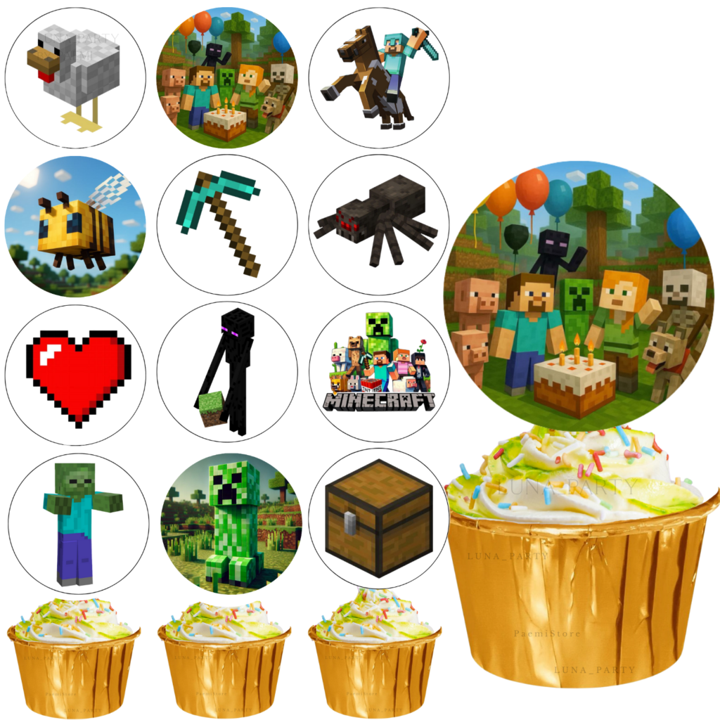 Opłatek na tort muffinki Minecraft 12el. pixel game Steve Creeper