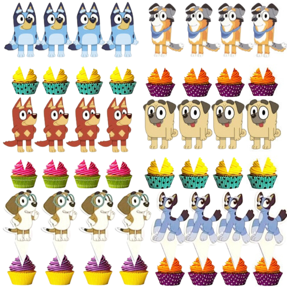 Toppery pikery na tort babeczki muffinki Bluey i Bingo 24szt. zestaw pieski