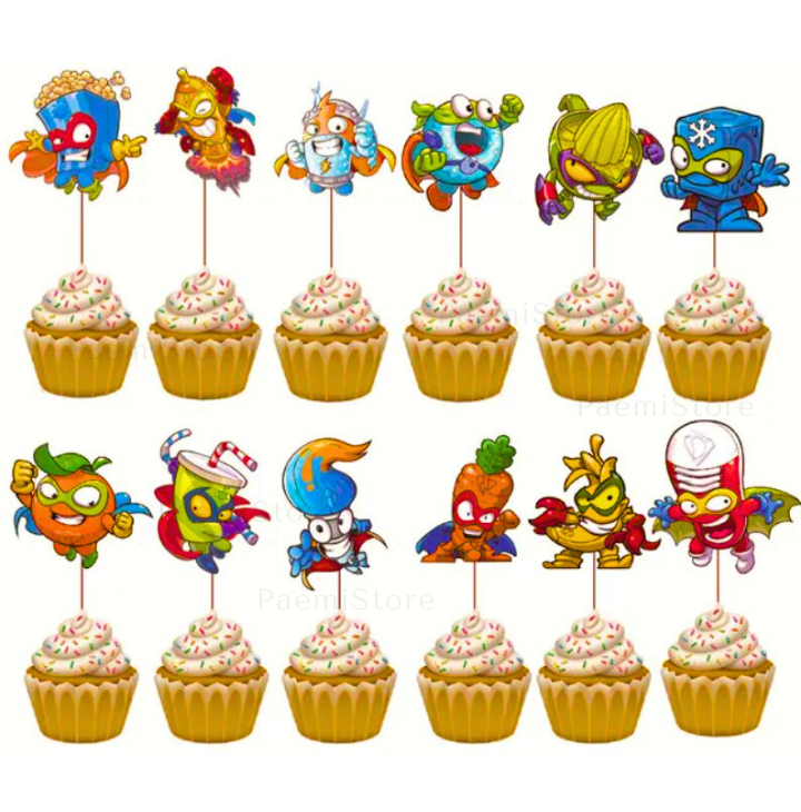 Toppery pikery na tort muffinki babeczki Super Things Zings 12szt. urodziny dekoracja