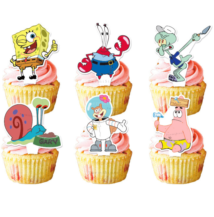 Toppery pikery na tort muffinki babeczki Spongebob 6szt. urodziny dekoracja