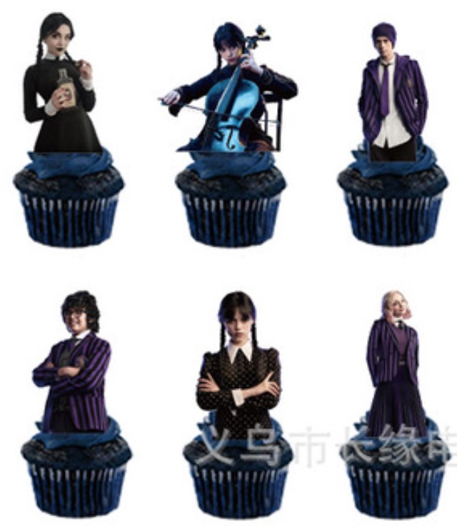 Toppery pikery na tort muffinki babeczki Wednesday Addams 6szt. urodziny dekoracja