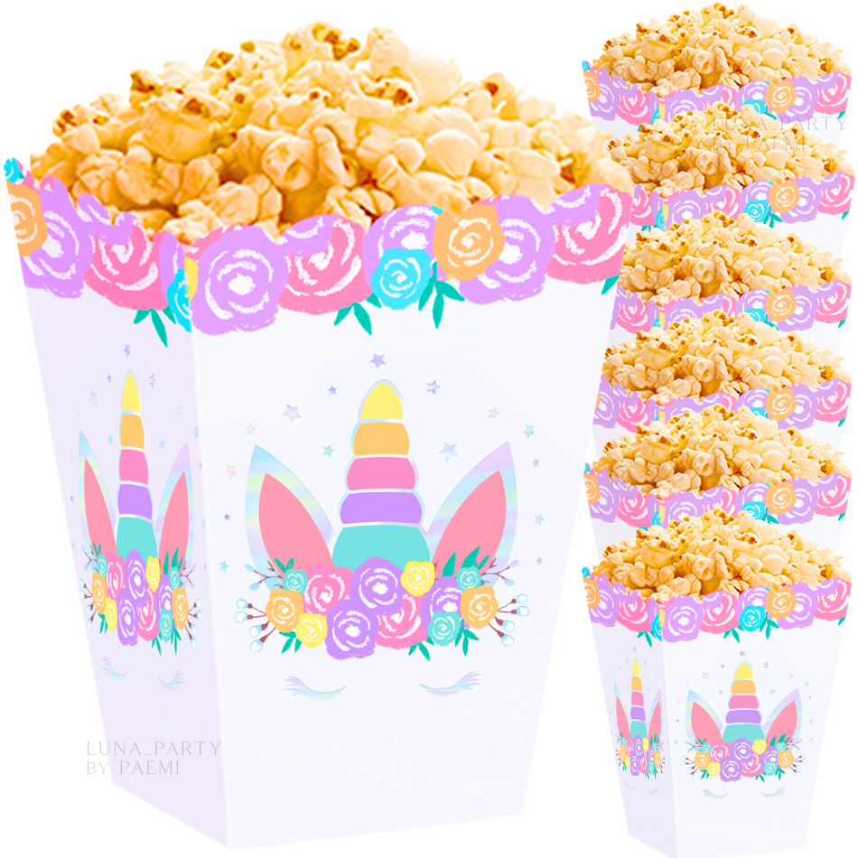 Pudełka na przekąski popcorn chipsy 6szt. jednorożec