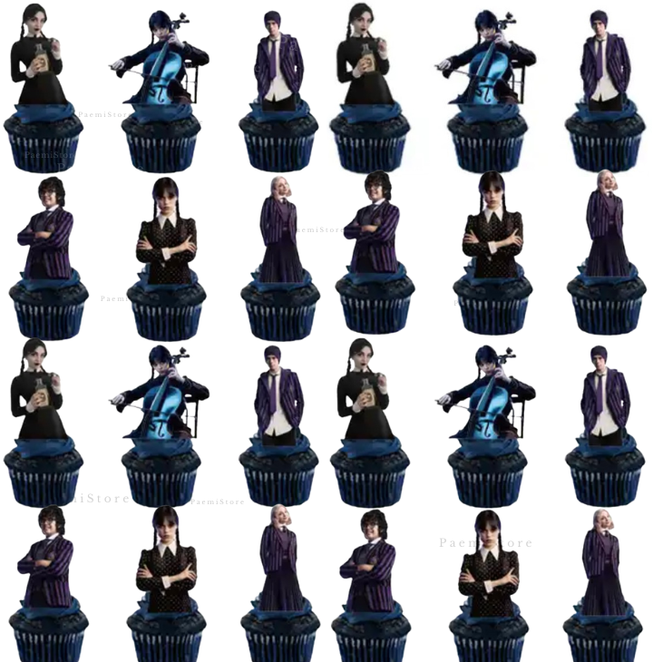 Toppery pikery na tort muffinki babeczki Wednesday Addams 24szt. urodziny dekoracja
