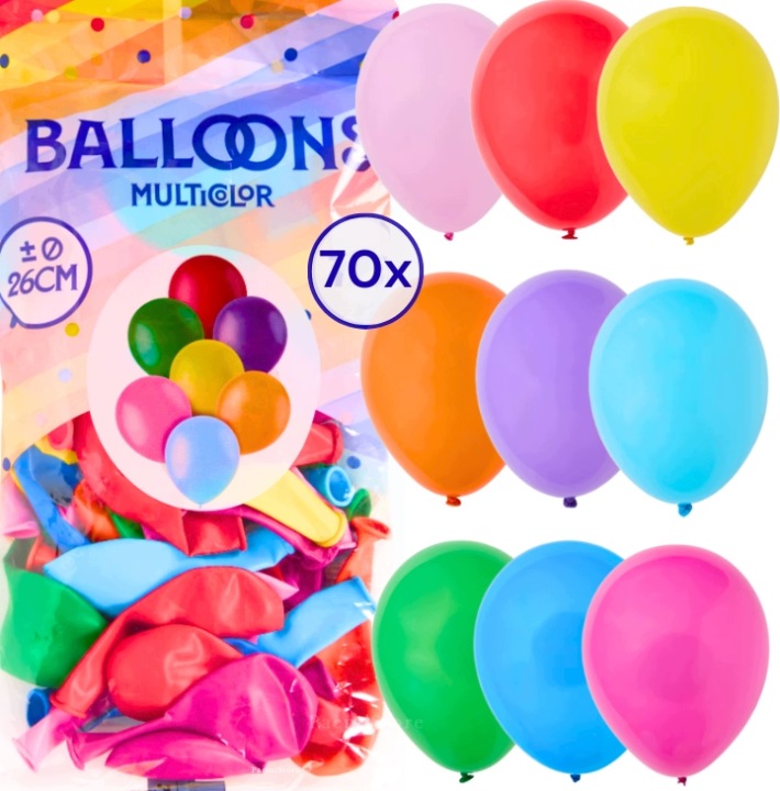 Balony lateksowe wielokolorowe 70szt. mix zestaw 26cm